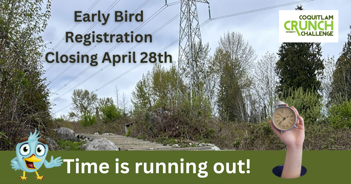 EarlyBirdRegistrationClosing-FB Coquitlam Crunch Stairs with hand and clock and early bird registration closing