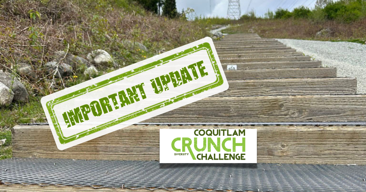 Event Cancelled – FB Image says important update with Coquitlam Crunch Logo and background of the Crunch stairs