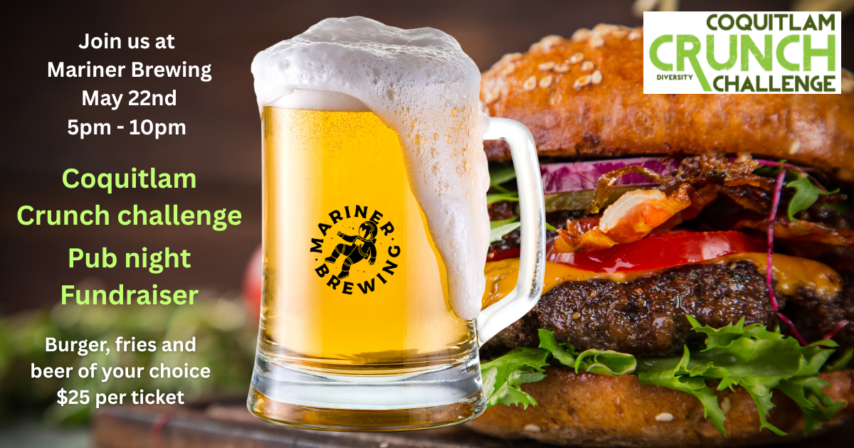 Pub Night Poster May9-FB Image of burger and beer, Coquitlam Crunch Logo