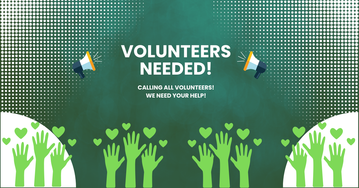 Volunteers needed 2025 – (Facebook Post) Hands facing upwards at bottom of image with megaphone for volunteerr call out
