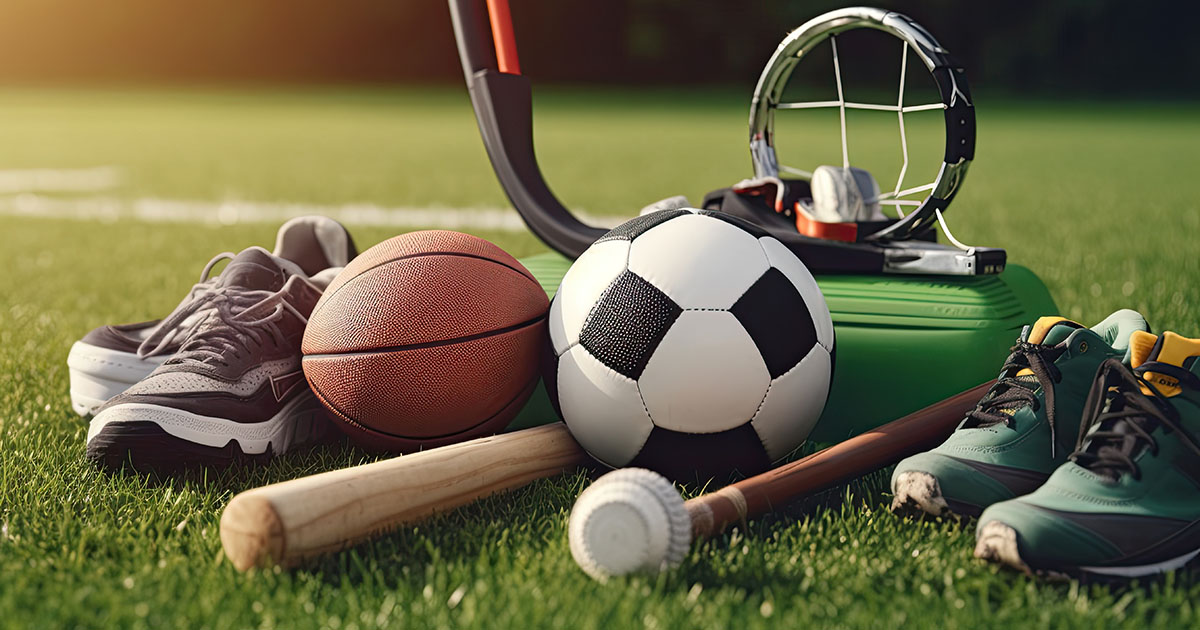 Image of sports equipment, soccer ball, football, baseball bats etc
